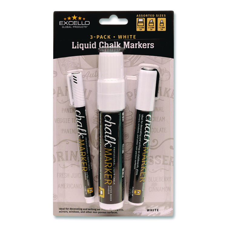Excello Global Products Liquid Chalk Markers, Assorted Tip Sizes and Types, White, 3/Pack (EXOEGPHD0511S)