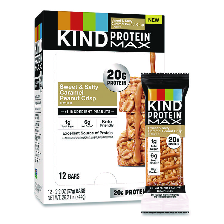 KIND Protein MAX Bar, Sweet and Salty Caramel Peanut Crisp, 2.2 oz Bar, 12/Box (KNDPHW43475)