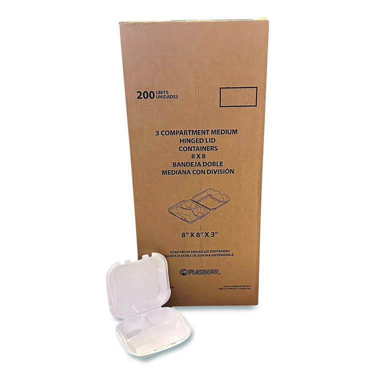 Plastifar Foam Hinged Lid Containers, 3-Compartment, 8.56 x 8 x 2.76, White, Foam, 200/Carton (PST12092)