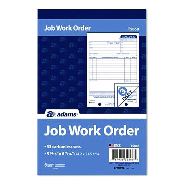 Adams Multipart Job Work Order Pad, Three-Part Carbonless, 5.56 x 7.94, 33 Forms Total (ABFT5868)