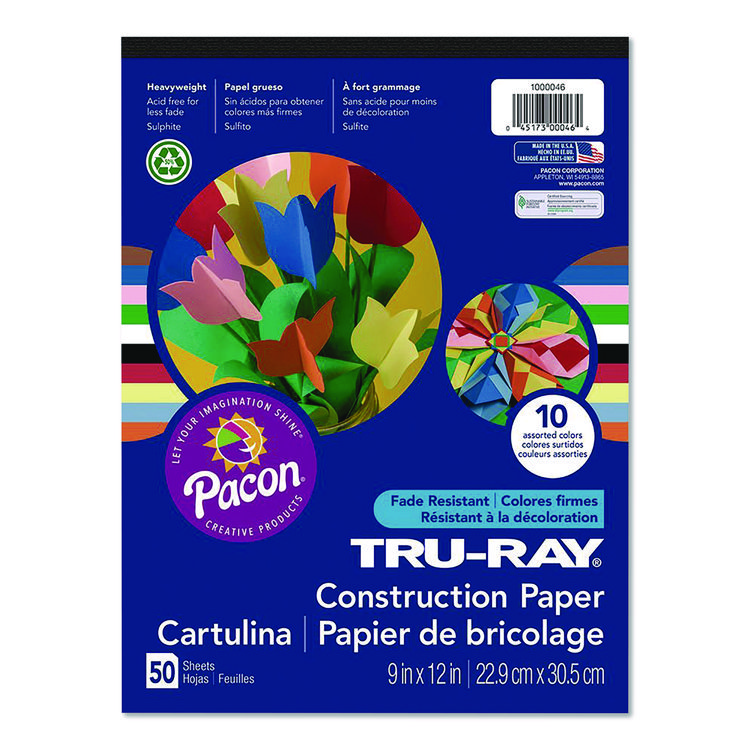Pacon Tru-Ray Construction Paper, 9 x 12, Assorted Colors, 50 Sheets/Pad (PACP1000046)