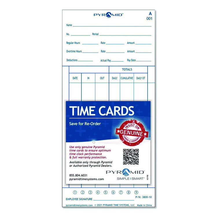 Pyramid Technologies Time Clock Cards for 3800 Time Clock, 100/Pack (PTI380010)