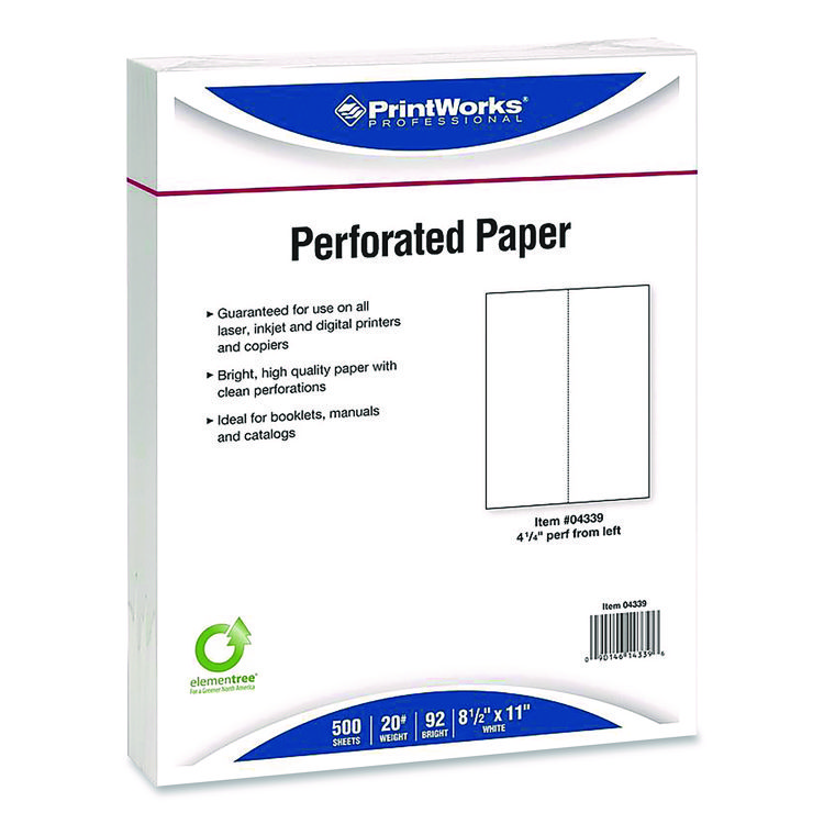 PrintWorks Professional Perforated Paper, 92 Bright, Perforated 4.25" from Left, 8.5 x 11, White, 500 Sheets/Ream, 5 Reams/Carton (PWK04339)