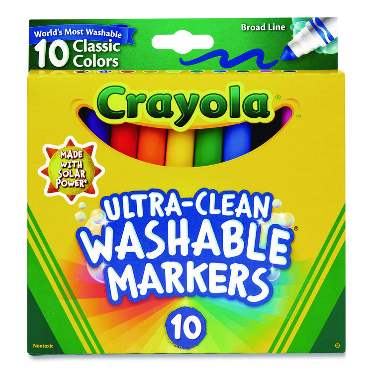 Crayola Ultra-Clean Washable Markers, Broad Bullet Tip, Assorted Colors, 10/Pack (CYO587851)