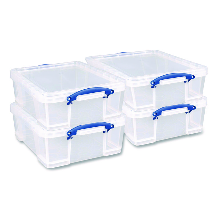 Really Useful Box Snap-Lid Storage Bin, 4.49 gal, 11" x 18" x 4", Clear/Blue, 4/Pack (RUA17CPK4CB)