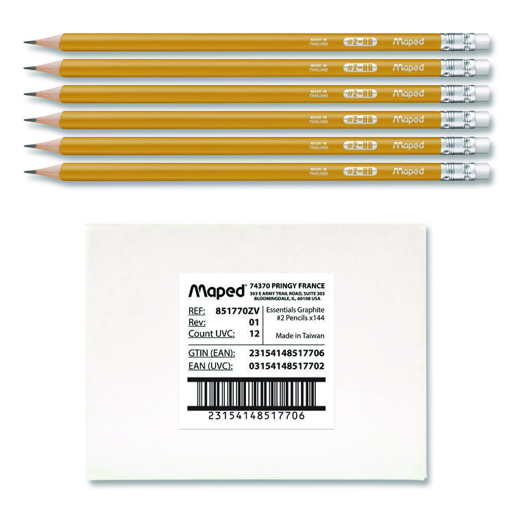MAPED HELIX Essentials Triangular Pre-Sharpened Pencils, HB (#2), Black Lead, Yellow Barrel, 144/Box (MHX851770ZT)