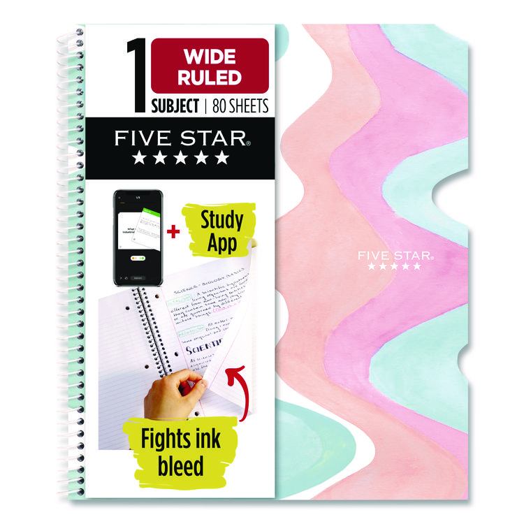 Five Star Brushy Moves Pastel Waves Design Notebook w/ Study App, 1-Subject, Wide/Legal Rule, Assorted Cover Color, (80)11 x 8.5 Sheets (MEA930060F)