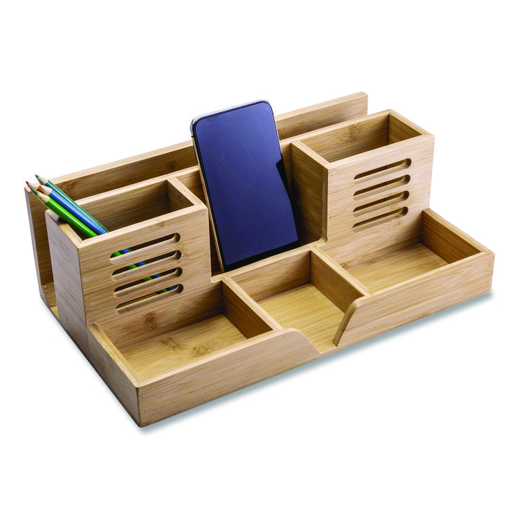 Officemate Bamboo Desk Organizer, 7 Compartments, 14.09 x 8.62 x 5.28, Natural Wood Grain, Bamboo (OIC71001)