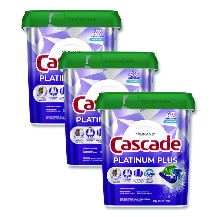 Cascade Platinum Plus ActionPacs Dishwasher Detergent Pods, Fresh Scent, 26.6 oz Tub, 47/Tub, 3 Tubs/Carton (PGC15789CT)