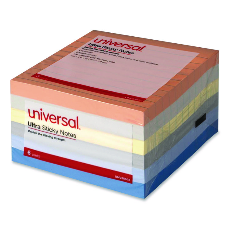Universal Ultra Sticky Note Pads, Note Ruled, 4" x 4", Assorted Colors, 100 Sheets/Pad, 6 Pads/Pack (UNV35633)