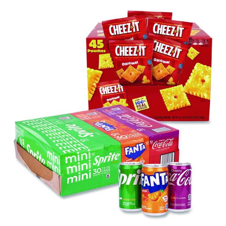 COCA-COLA Soda Mini Variety and Cheez-It Combo Pack, (30) 7.5 oz Cans Assorted Flavors, (45) 1.5 oz Pouch Original Cheez-It/Bundle (GRR60004171)