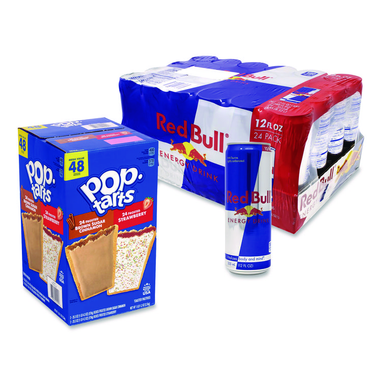 Snack Box Pros Red Bull Energy Drink and Pop Tart Combo Pack,(24) 12oz Cans,(24) Frosted Strawberry/(24) Frosted Brown Sugar Cinnamon/Bundle (GRR60004173)