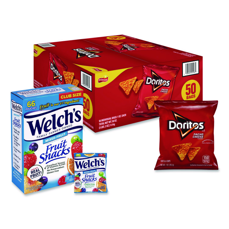 Snack Box Pros Doritos Nacho Cheese Tortilla Chips and Welch's Mixed Fruit Snacks, (50) 1oz Bag Chips, (66) 0.8 oz Pouch Fruit Snacks/Bundle (GRR60004174)