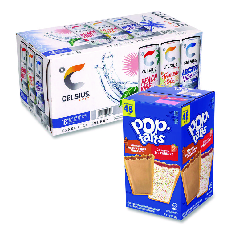Kellogg's Celcius Vibe and Pop Tarts Variety Combo Pack,(18) 12oz Cans,(24) Frosted Strawberry/(24) Frosted Brown Sugar Cinnamon/Bundle (GRR60004172)