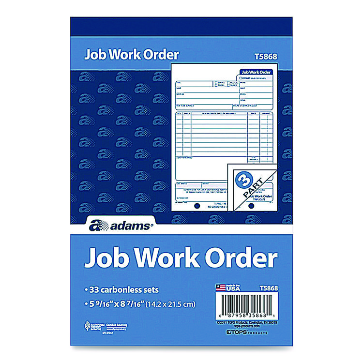Adams Work Order Form, Three-Part Carbonless, 5.66 x 9, 250 Sets/Pack (ABF3584)