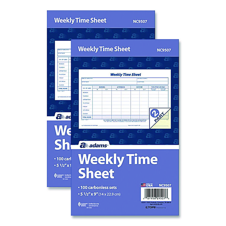 Adams Weekly Time Sheets, One Part (No Copies), 8.5 x 5.5, 100 Forms/Pad, 2 Pads/Pack (ABF9507ABF)