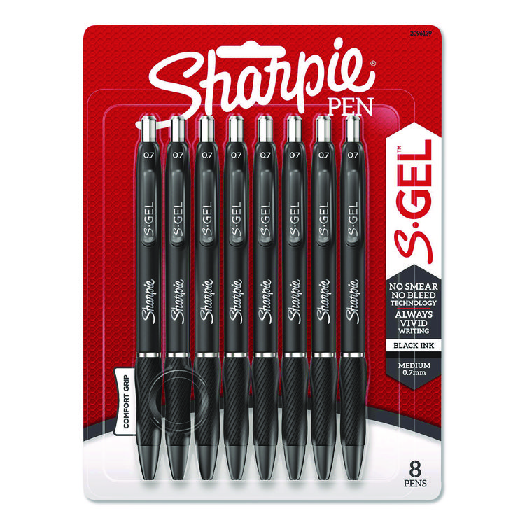 Sharpie S-Gel S-Gel High-Performance Gel Pen, Retractable, Medium 0.7 mm, Black Ink, Black Barrel, 8/Pack (SAN2096139)