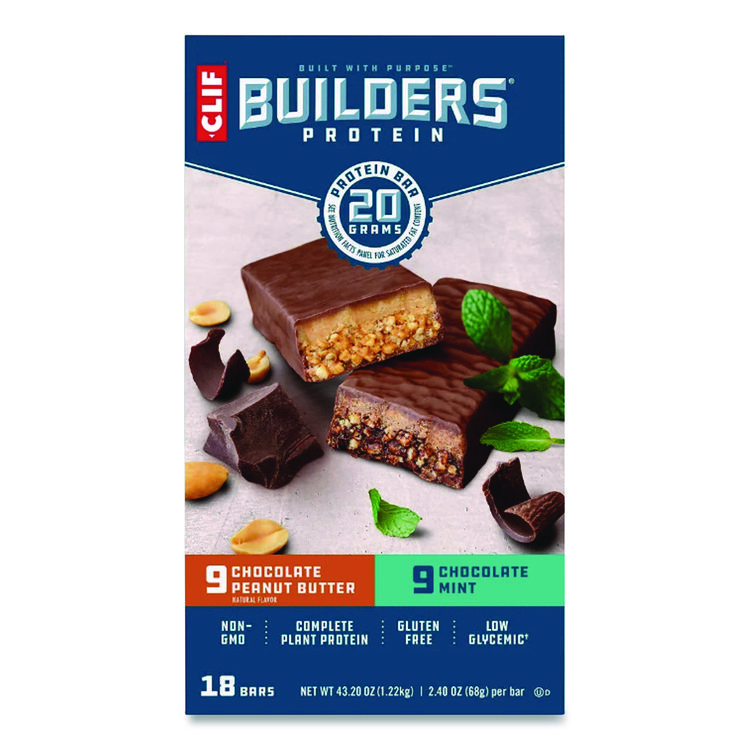 CLIF Bar Builders Protein Bar, Chocolate Mint/Chocolate Peanut Butter, 2.4 oz Bar, 18 Bars/Box (GRR22000543)