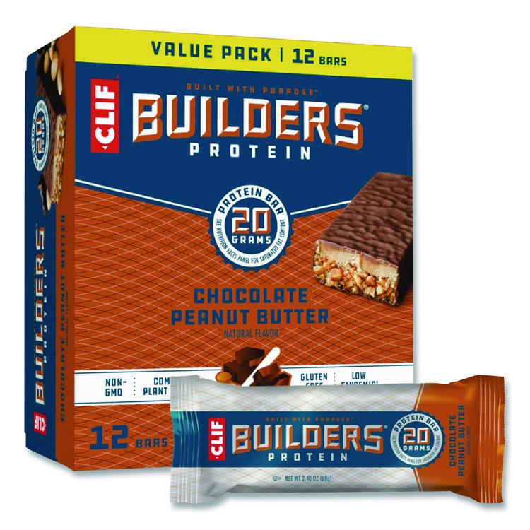 CLIF Bar Builders Protein Bar, Chocolate Peanut Butter, 2.4 oz Bar, 12 Bars/Box (CBCCCC160041)