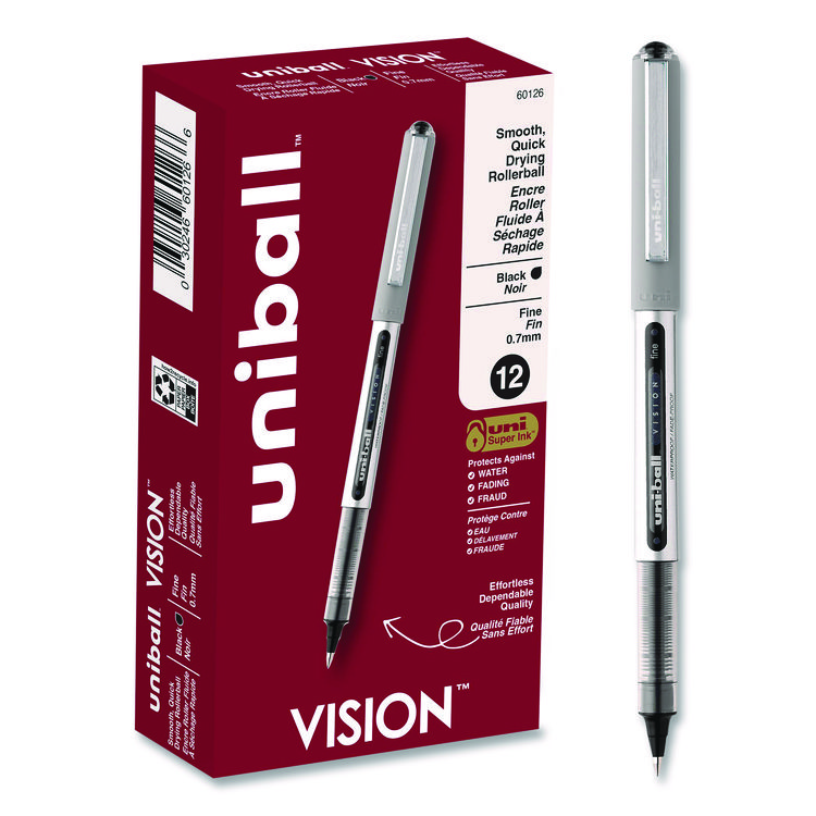 uniball VISION Rollerball Pen, Stick, Fine 0.7 mm, Black Ink, Silver/Black/Clear Barrel, Dozen (UBC60126)