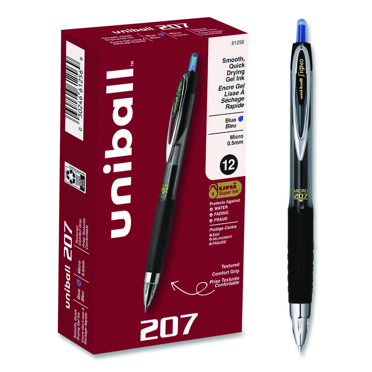 uniball Signo 207 Gel Pen, Retractable, Fine 0.5 mm, Blue Ink, Smoke/Black/Blue Barrel, Dozen (UBC61256)