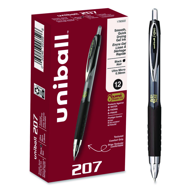 uniball 207 Ultra Micro Gel Pen, Retractable, Ultra-Micro 0.38 mm, Black Ink, Clear/Black Barrel (UBC1790922)