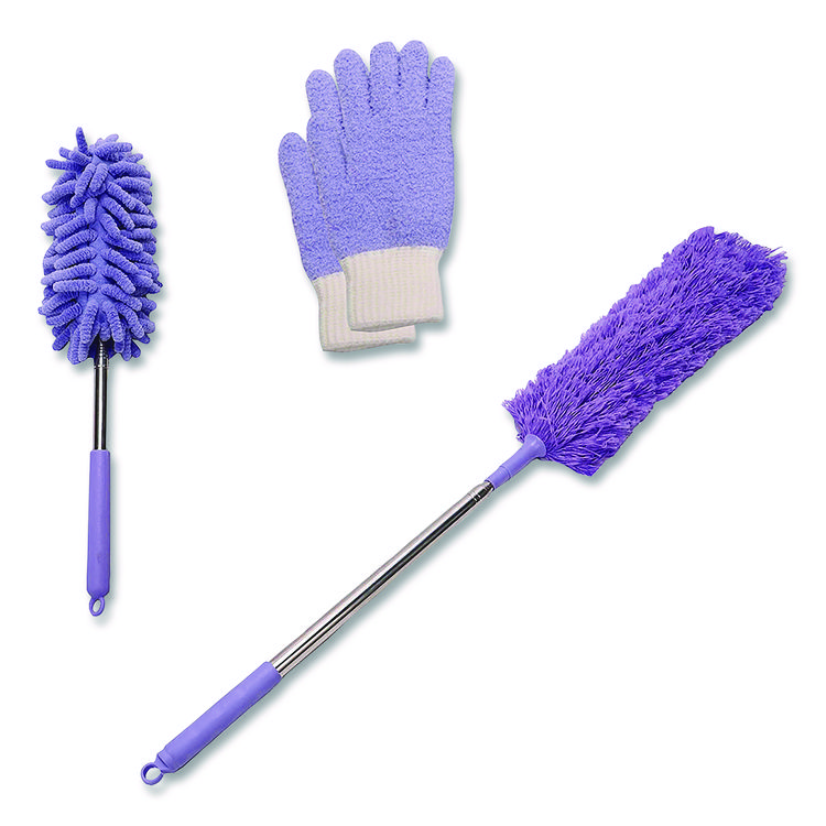 CHAGRINOVATIONS Four-Piece Dusting Set, Extendable Duster, Flexible Wand, 2 Gloves, Purple (CH7TU68125)