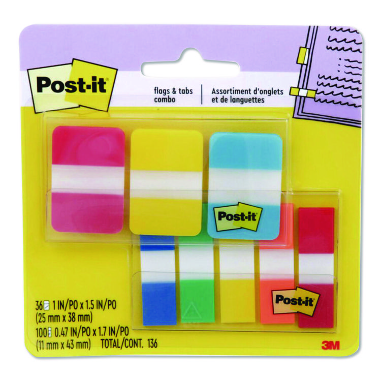 Post-it Tabs Tabs and Flags Combo Pack, 100 0.47" Flags, 36 1" Tabs, Assorted Colors (MMM686COMBO1)
