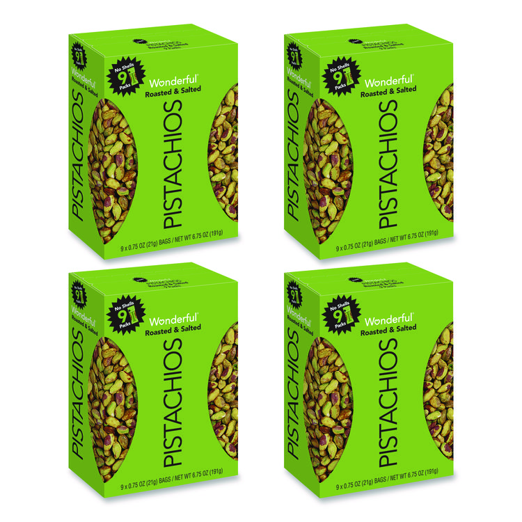 Paramount Farms Wonderful No Shells Pistachios, Roasted and Salted, 0.75 oz Bag, 9 Bags/Box, 4 Boxes/Carton (WONPAR91100)