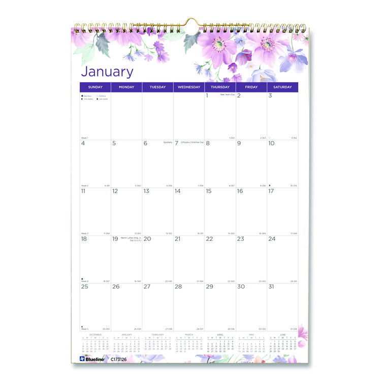 Blueline 12-Month Colorful Wall Calendar, Passion Floral Artwork, 12 x 17, White/Multicolor Sheets, 12-Month (Jan to Dec): 2026 (REDC173126)