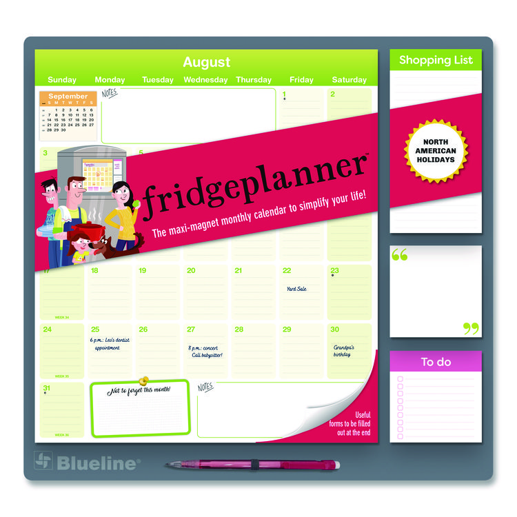 Blueline Fridge Planner Magnetized Monthly Calendar with Pads + Pencil, 14 x 13.5, Yellow/Green Sheets, 17-Month: Aug 2025 to Dec 2026 (REDC174110A)