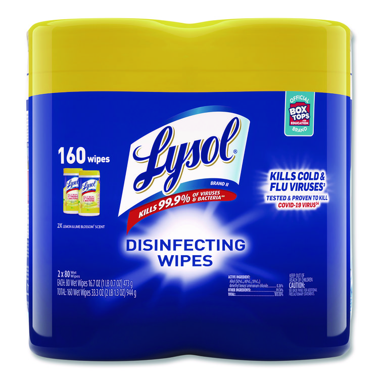 LYSOL Brand Disinfecting Wipes, 1-Ply, 7 x 7.25, Lemon and Lime Blossom, White, 80 Wipes/Canister, 2 Canisters/Pack (RAC80296PK)