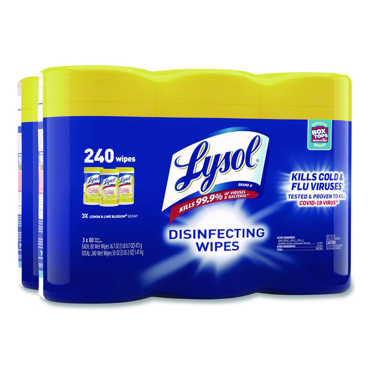 LYSOL Brand Disinfecting Wipes, 1-Ply, 7 x 7.25, Lemon and Lime Blossom, White, 80 Wipes/Canister, 3 Canisters/Pack, 2 Packs/Carton (RAC84251CT)