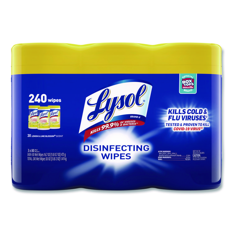 LYSOL Brand Disinfecting Wipes, 1-Ply, 7 x 7.25, Lemon and Lime Blossom, White, 80 Wipes/Canister, 3 Canisters/Pack (RAC84251PK)