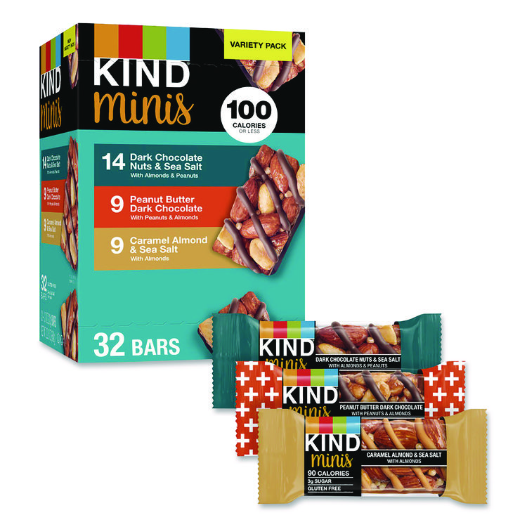 KIND Minis, Dark Chocolate Nuts Sea Salt/Caramel Almond Nuts Sea Salt, 0.7 oz Bar, 32 Bars/Carton (GRR22000799)