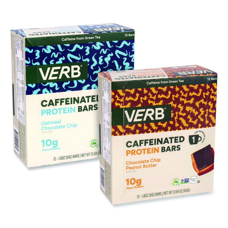 VERB ENERGY Caffeinated Protein Bar, Chocolate Chip Peanut Butter and Oatmeal Chocolate Chip, 1.8 oz Bar, 24/Box (GRR60004177)