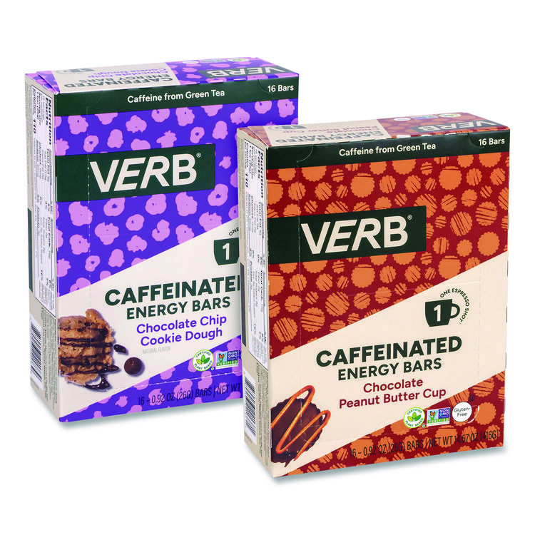 VERB ENERGY Caffeinated Energy Bar, Chocolate Peanut Butter Cup and Chocolate Chip Cookie Dough, 0.92 oz Bar, 32/Box (GRR60004178)