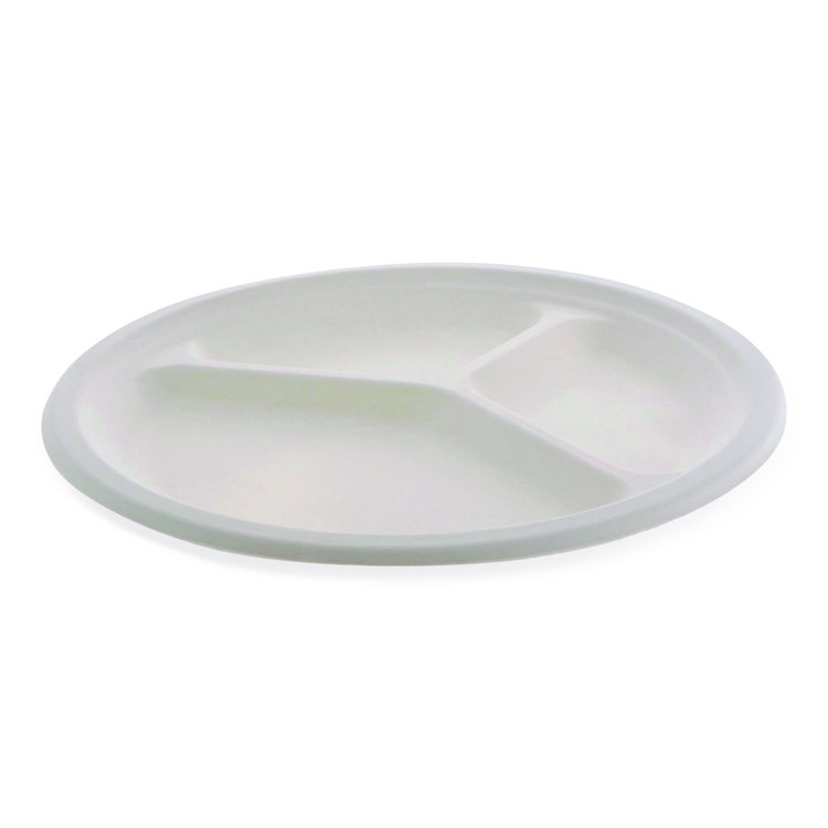 Pactiv Evergreen EarthChoice PFAS Free Compostable Dinnerware, 3-Compartment Plate, 10" dia, White, 500/Carton (PCTMC50044BB)