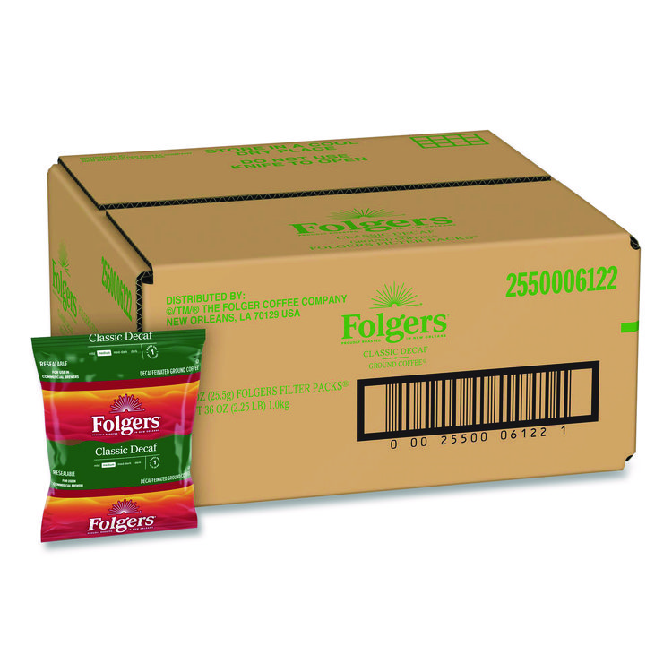 Folgers Coffee Filter Packs, Decaffeinated Classic Roast, 9/10oz, 10/Pack, 4 Packs/Carton (FOL06122)