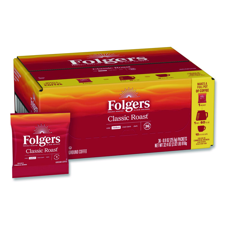 Folgers Classic Roast Ground Coffee Fraction Pack, 0.9 oz Fractional Pack, 36/Carton (FOL06125)