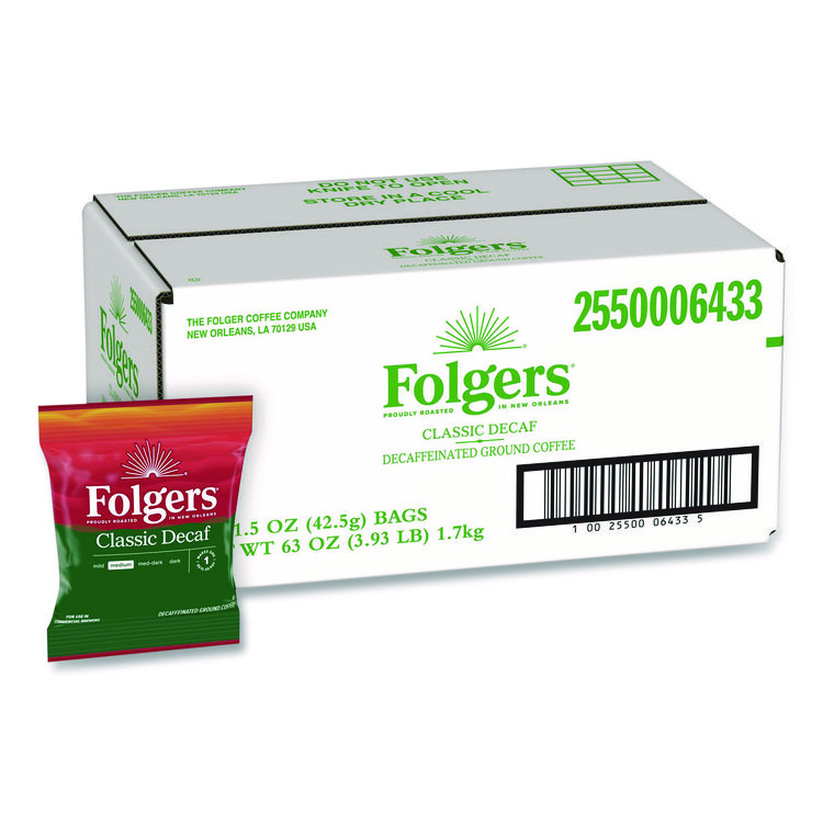 Folgers Classic Decaf Ground Coffee Fraction Pack, Classic Roast Decaf, 1.5 oz, 42/Carton (FOL06433)
