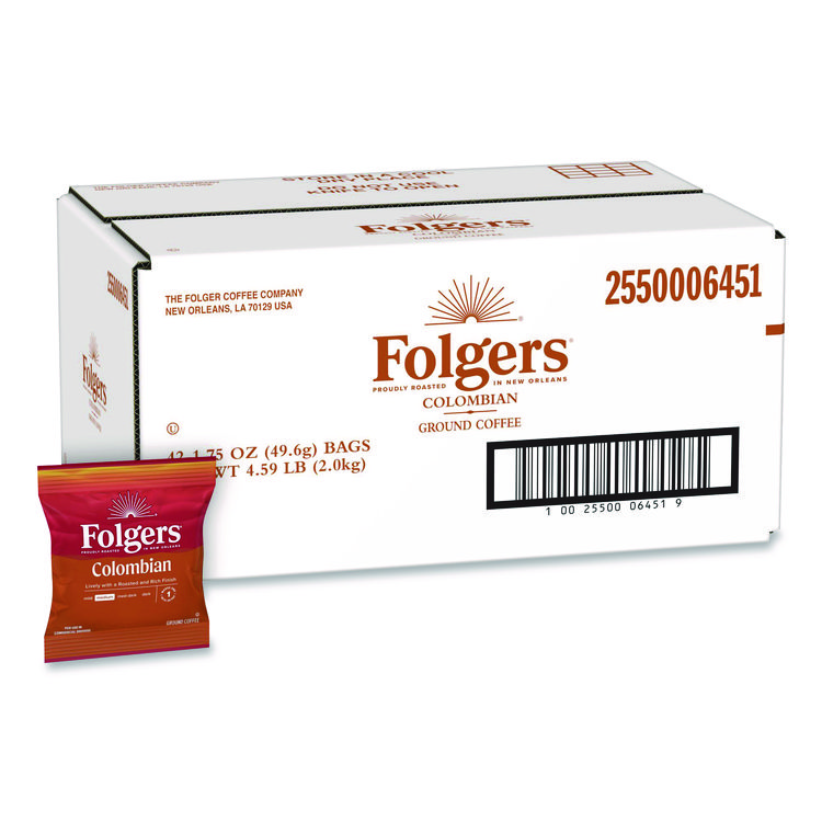 Folgers Colombian Ground Coffee Fraction Pack. 100% Colombian, 1.75 oz Fraction Pack, 42/Carton (FOL06451)