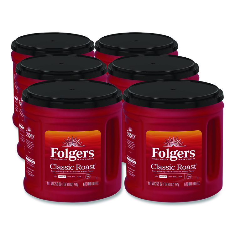 Folgers Coffee, Classic Roast, Ground, 25.9 oz Canister, 6/Carton (FOL20421CT)