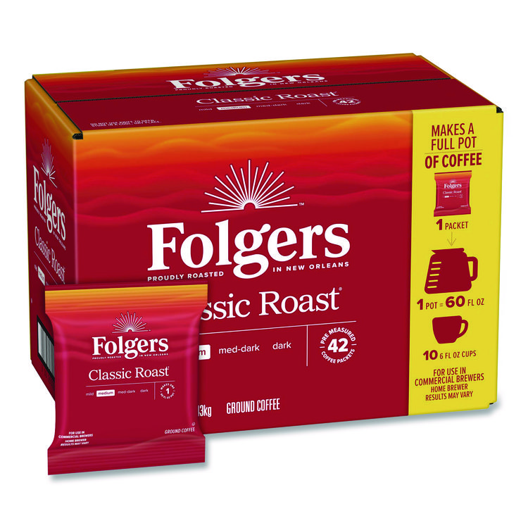 Folgers Classic Roast Ground Coffee Fraction Pack, 1.2 oz Packets, 42/Carton (FOL20457)