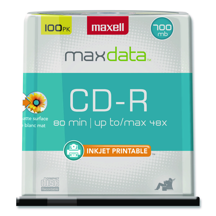 Maxell CD-R Printable Recordable Disc, 700 MB/80 min, 48x, Spindle, Matte White, 100/Pack (MAX648720)