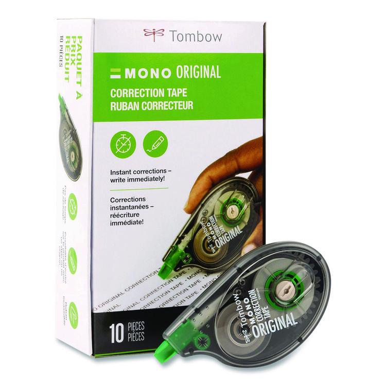Tombow MONO Correction Tape, Gray/Clear Applicator, 0.17" x 394", White Tape, 10/Pack (TOM68720)