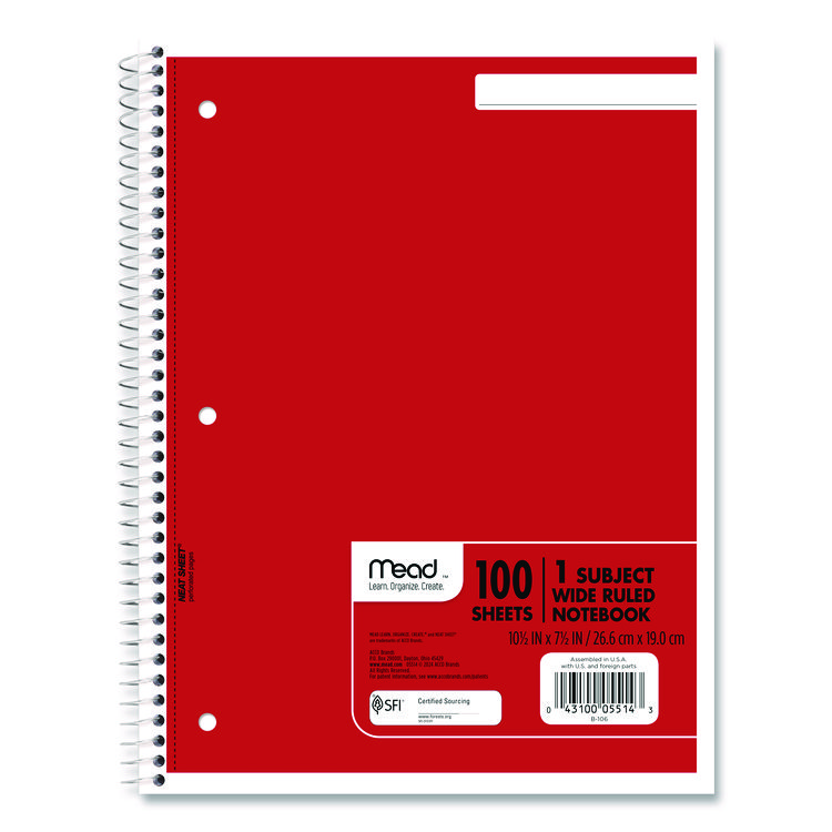 Mead Spiral Notebook, 1-Subject, Wide/Legal Rule, Randomly Assorted Cover Color, (100) 10.5 x 7.5 Sheets (MEA05514)