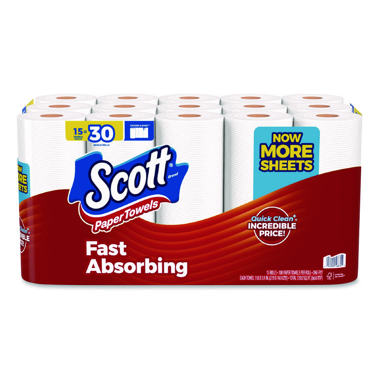Scott Choose-A-Sheet Mega Kitchen Roll Paper Towels, 1-Ply, 7.31 x 11, White, 108 Sheets/Roll, 15 Rolls/Pack, 2 Packs/Carton (KCM56674)
