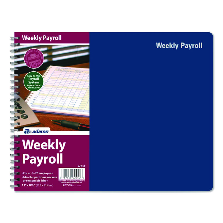 Adams Weekly Payroll Record Book for 20 Employees, Two-Page Spread: 36 Columns, Royal Blue Cover, 8.5 x 11 Sheets, 56 Sheets/Book (ABFAFR50)