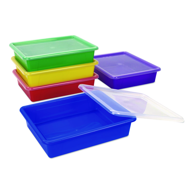 Storex Storage Tray with Lid, Flat, 1 gal, 10.65" x 10.65" x 2.96", Assorted Bright, 5/Pack (STX62534U05C)